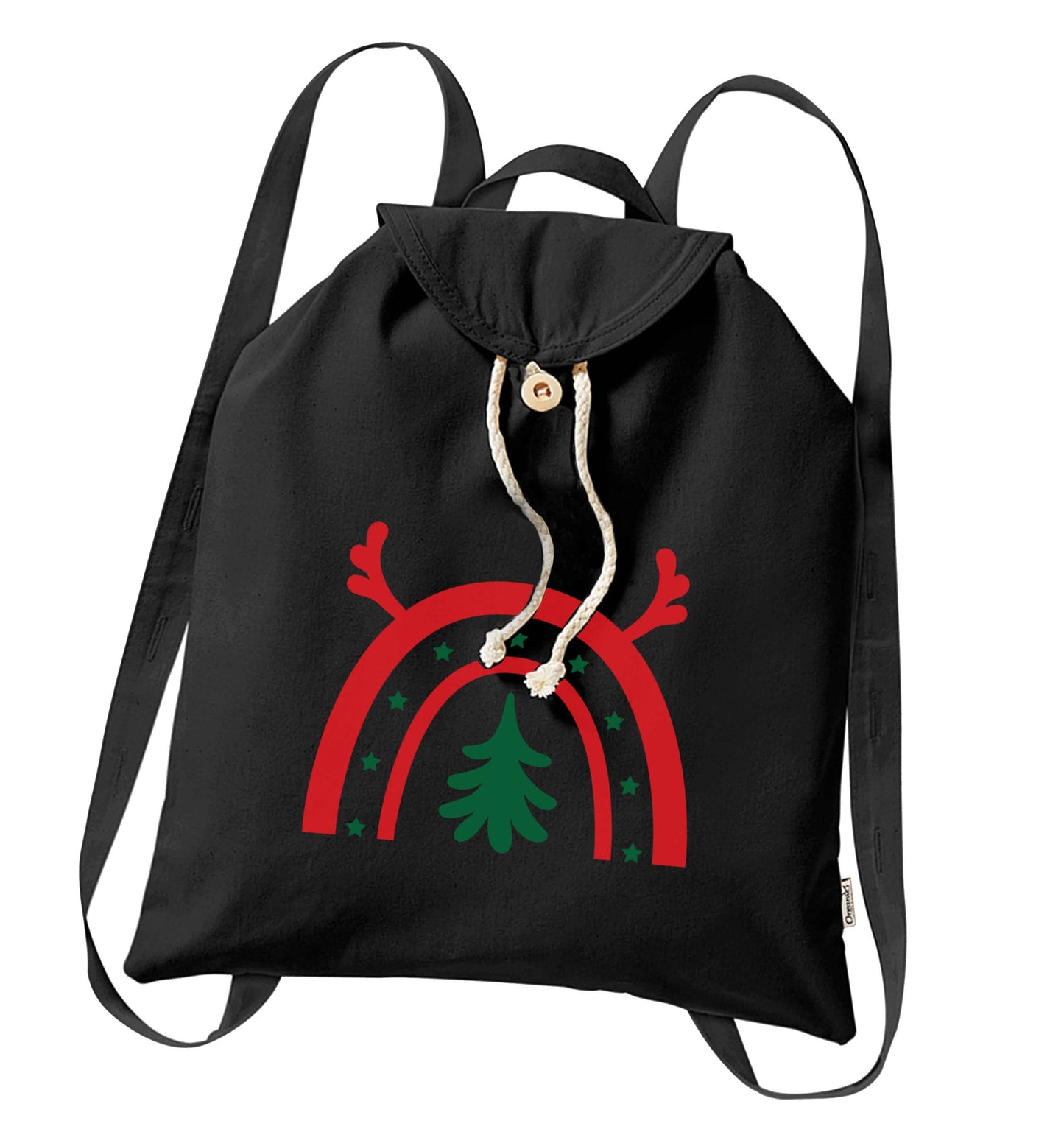 Christmas rainbow organic cotton backpack tote with wooden buttons in black