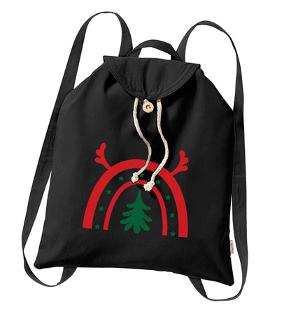 Christmas rainbow organic cotton backpack tote with wooden buttons in black