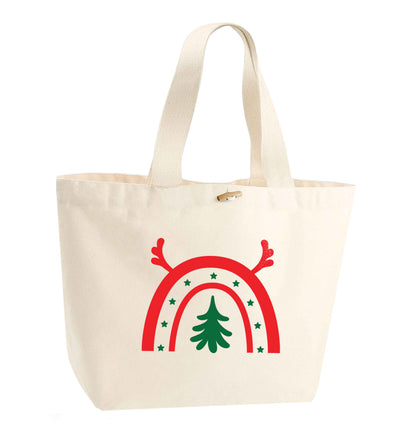 Christmas rainbow organic cotton premium tote bag with wooden toggle in natural