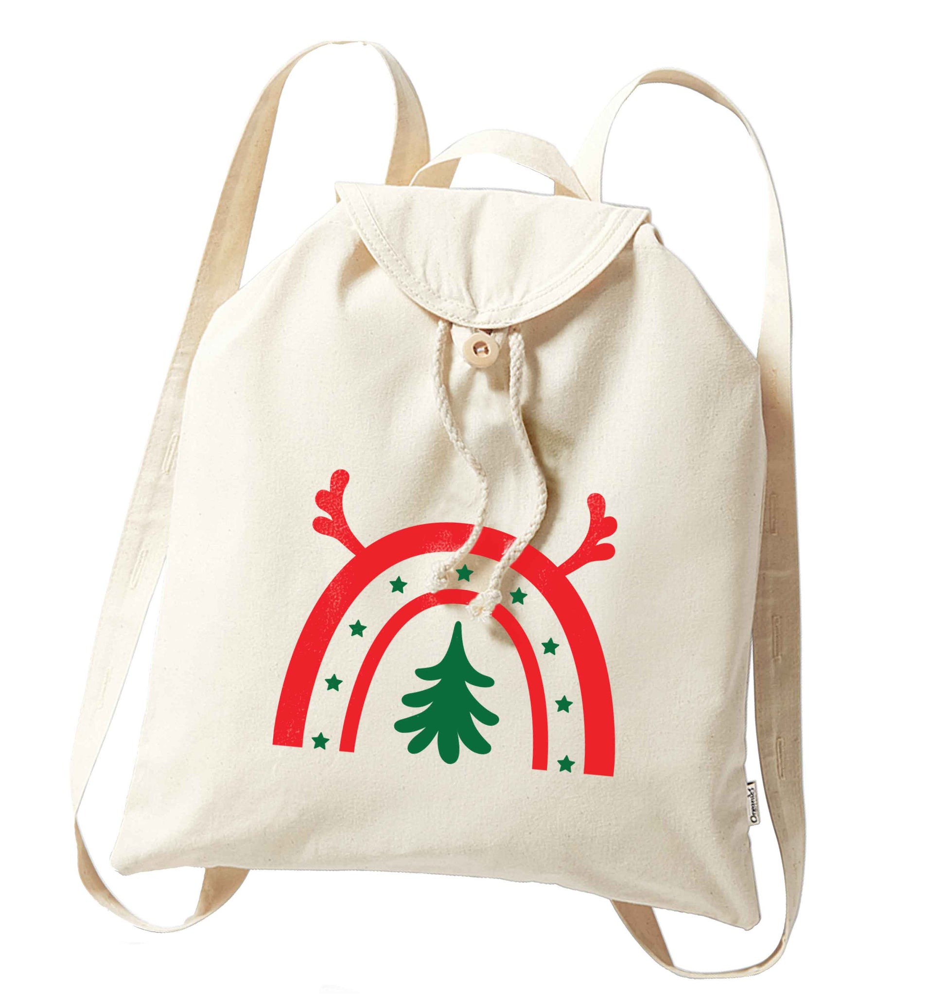 Christmas rainbow organic cotton backpack tote with wooden buttons in natural