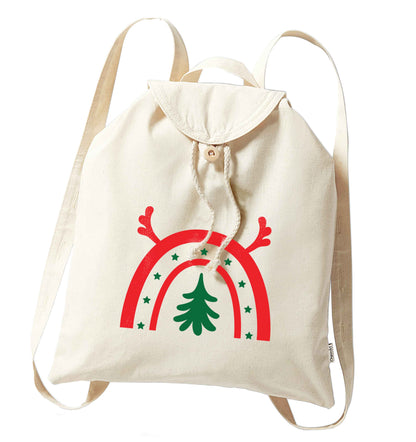 Christmas rainbow organic cotton backpack tote with wooden buttons in natural