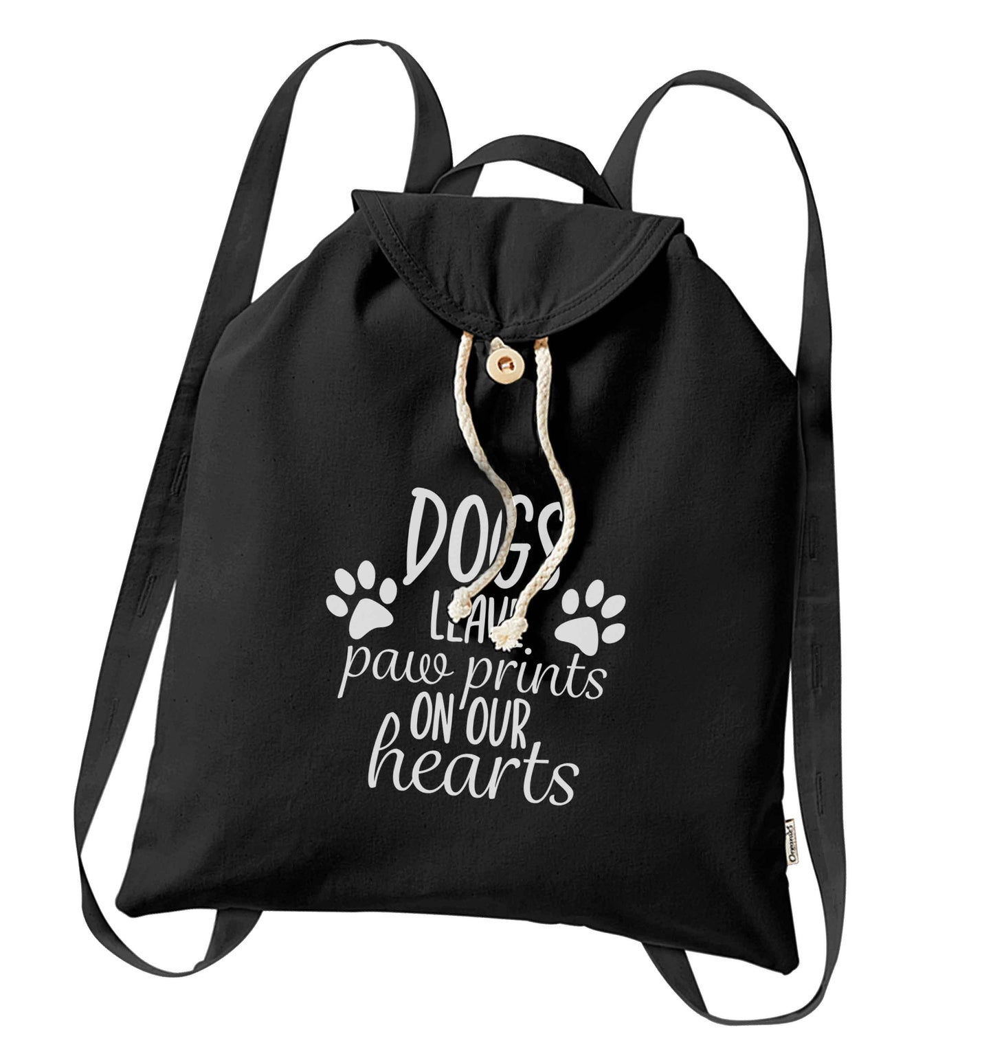 Dog leave paw prints on our hearts organic cotton backpack tote with wooden buttons in black