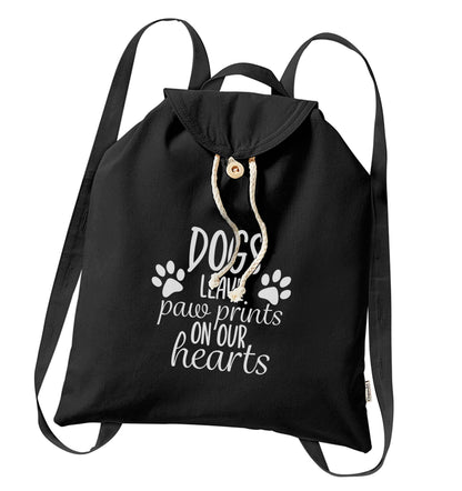 Dog leave paw prints on our hearts organic cotton backpack tote with wooden buttons in black