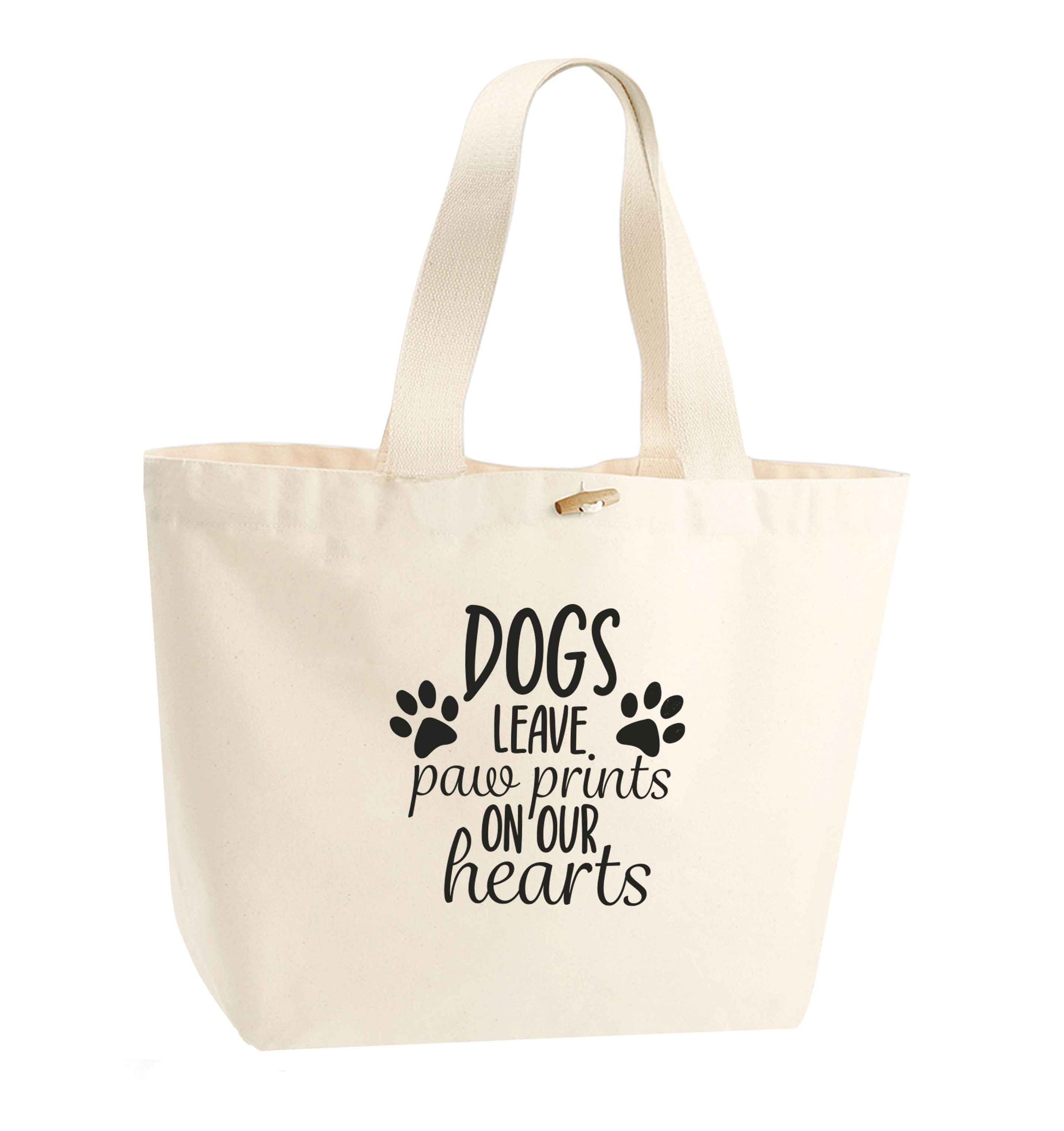 Dog leave paw prints on our hearts organic cotton premium tote bag with wooden toggle in natural