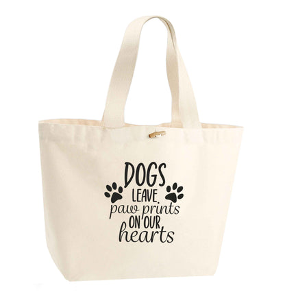 Dog leave paw prints on our hearts organic cotton premium tote bag with wooden toggle in natural