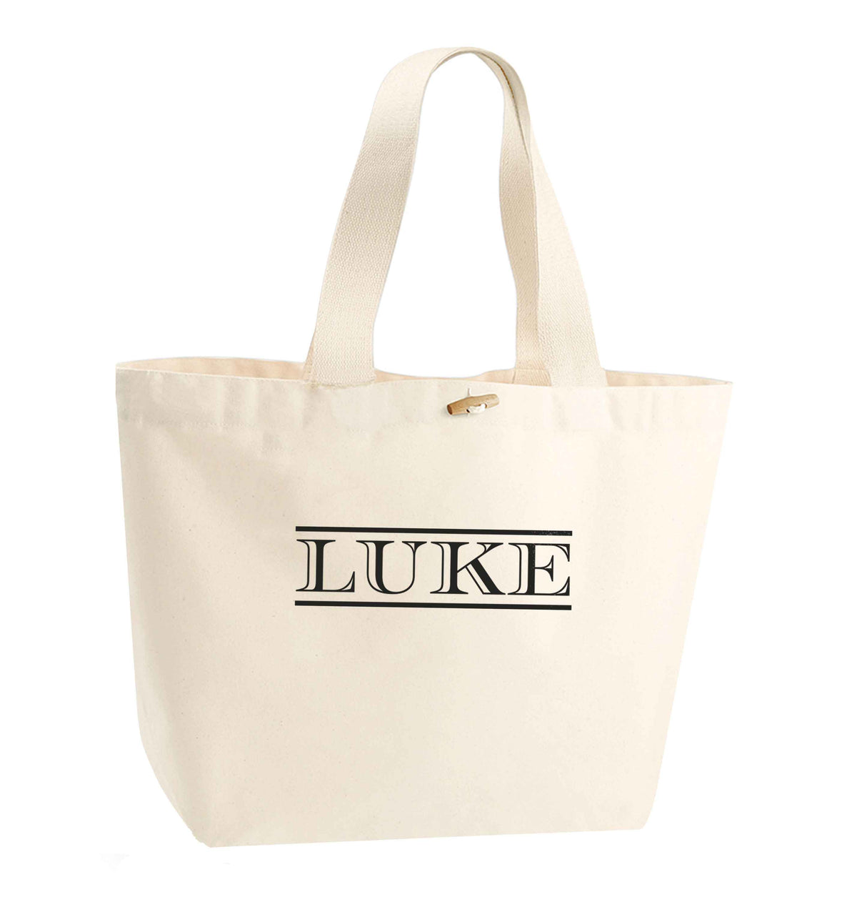 Personalised name organic cotton premium tote bag with wooden toggle in natural