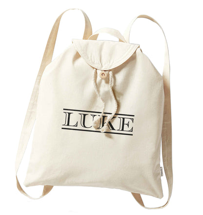 Personalised name organic cotton backpack tote with wooden buttons in natural
