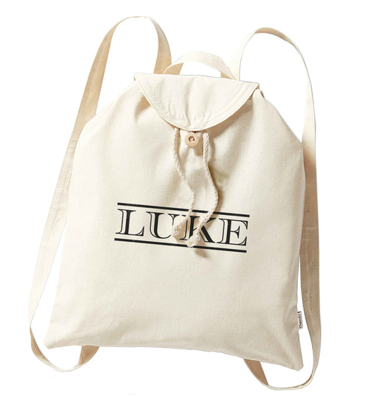 Personalised name organic cotton backpack tote with wooden buttons in natural