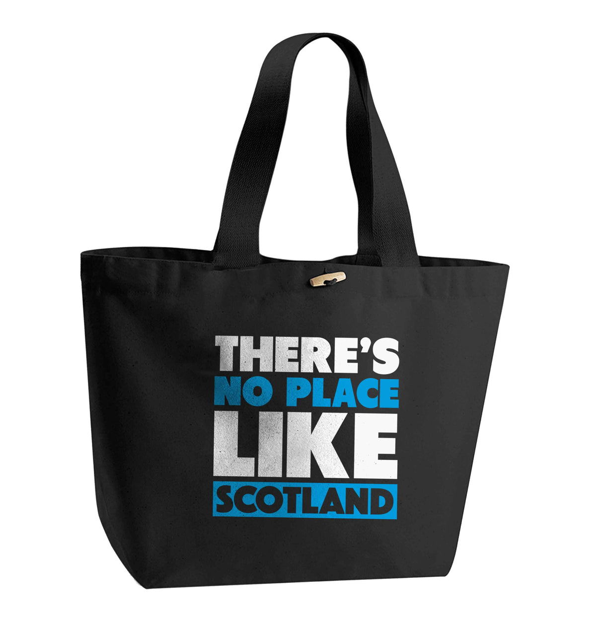There's no place like Scotland organic cotton premium tote bag with wooden toggle in black