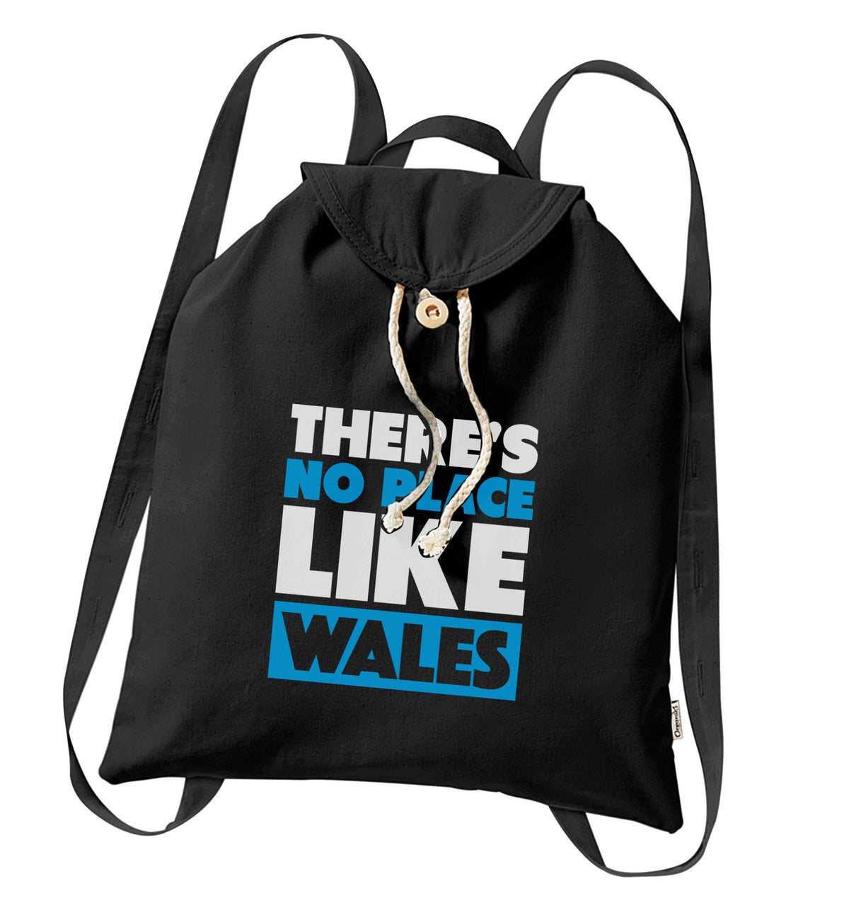 There's no place like Wales organic cotton backpack tote with wooden buttons in black