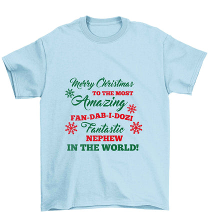 Merry Christmas to the most amazing fan-dab-i-dozi fantasic Nephew in the world Children's light blue Tshirt 12-13 Years