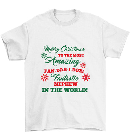 Merry Christmas to the most amazing fan-dab-i-dozi fantasic Nephew in the world Children's white Tshirt 12-13 Years
