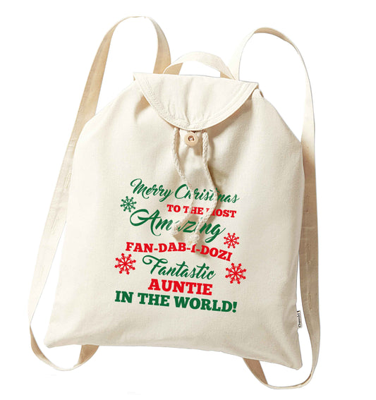 Merry Christmas to the most amazing fan-dab-i-dozi fantasic Auntie in the world organic cotton backpack tote with wooden buttons in natural