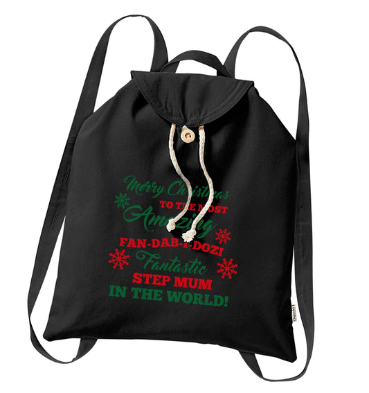 Merry Christmas to the most amazing fan-dab-i-dozi fantasic Step Mum in the world organic cotton backpack tote with wooden buttons in black