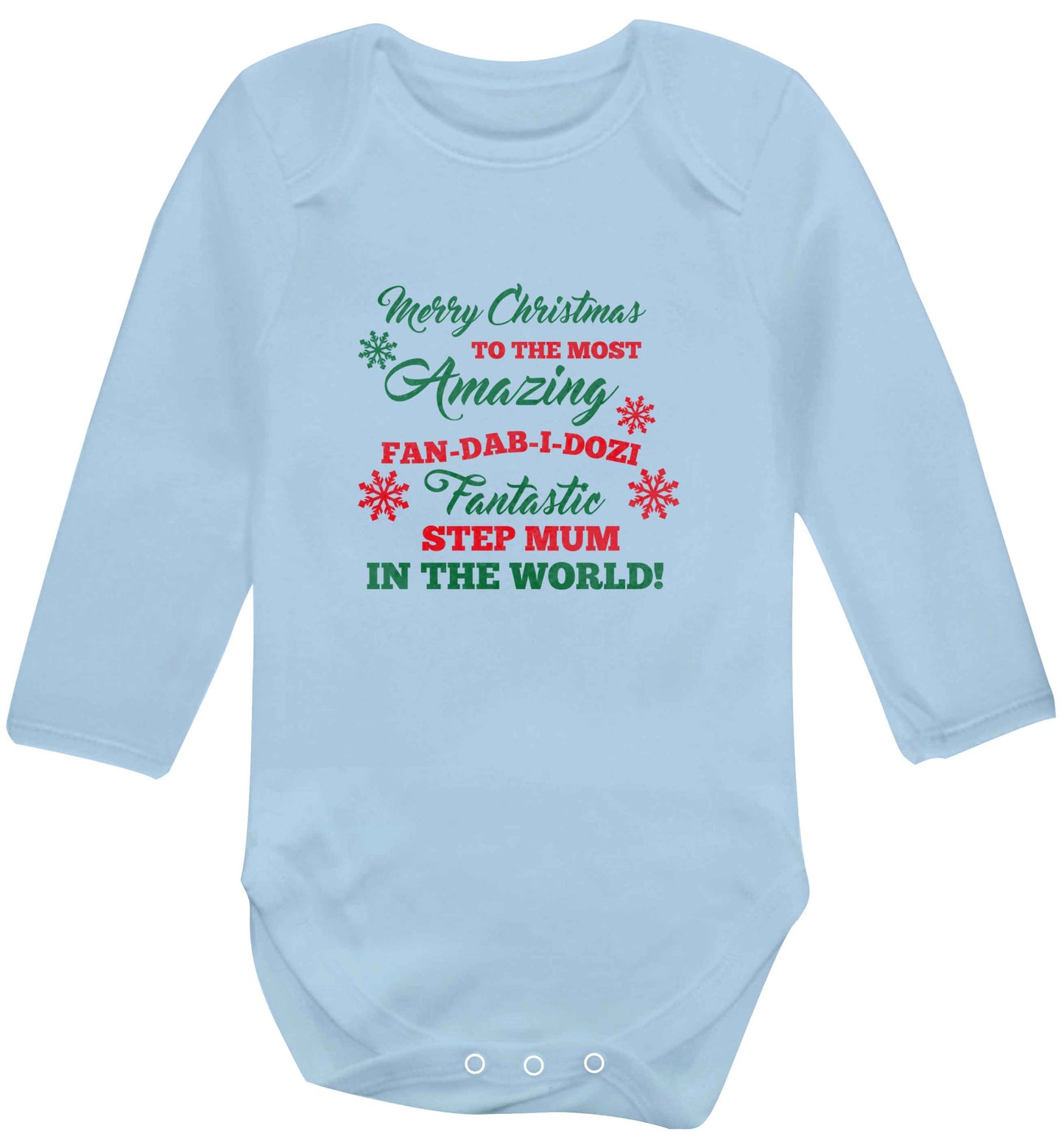 Merry Christmas to the most amazing fan-dab-i-dozi fantasic Step Mum in the world baby vest long sleeved pale blue 6-12 months