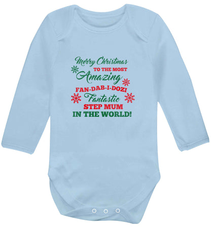 Merry Christmas to the most amazing fan-dab-i-dozi fantasic Step Mum in the world baby vest long sleeved pale blue 6-12 months