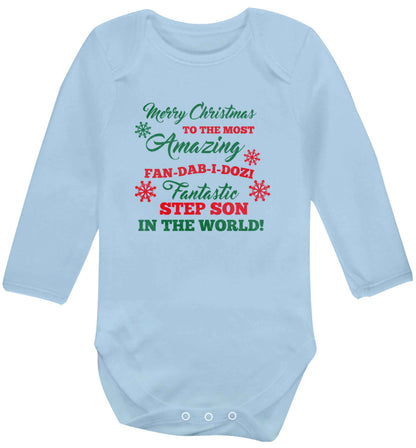 Merry Christmas to the most amazing fan-dab-i-dozi fantasic Step Son in the world baby vest long sleeved pale blue 6-12 months