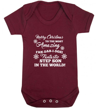 Merry Christmas to the most amazing fan-dab-i-dozi fantasic Step Son in the world baby vest maroon 18-24 months