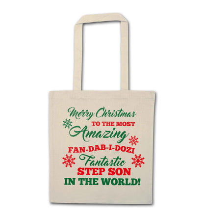 Merry Christmas to the most amazing fan-dab-i-dozi fantasic Step Son in the world natural tote bag