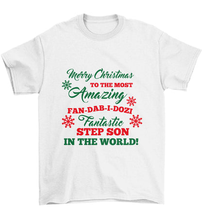 Merry Christmas to the most amazing fan-dab-i-dozi fantasic Step Son in the world Children's white Tshirt 12-13 Years