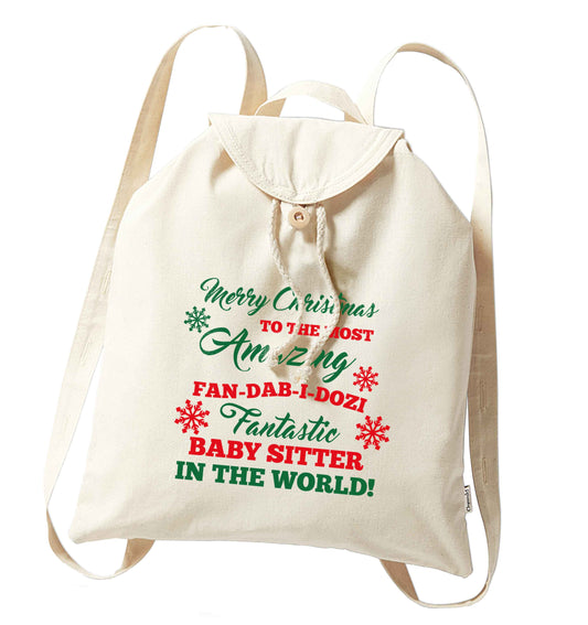 Merry Christmas to the most amazing fan-dab-i-dozi fantasic baby sitter in the world organic cotton backpack tote with wooden buttons in natural