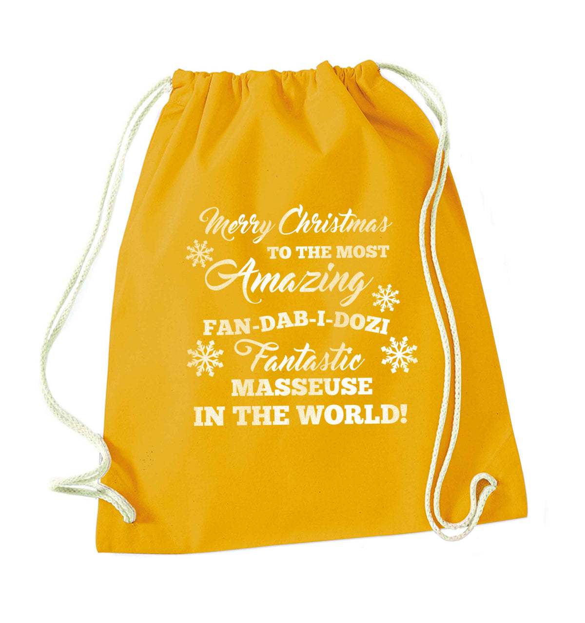 Merry Christmas to the most amazing fan-dab-i-dozi fantasic masseuse in the world mustard drawstring bag