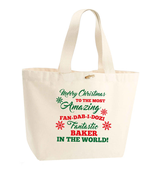 Merry Christmas to the most amazing baker in the world! organic cotton premium tote bag with wooden toggle in natural