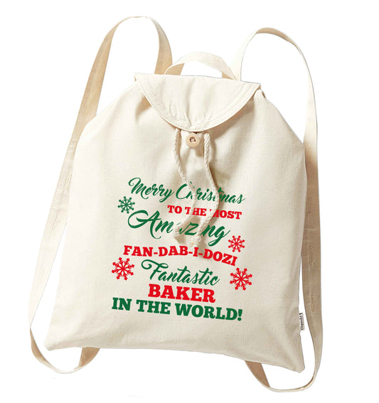 Merry Christmas to the most amazing baker in the world! organic cotton backpack tote with wooden buttons in natural