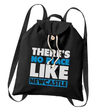 There's no place like Newcastle organic cotton backpack tote with wooden buttons in black