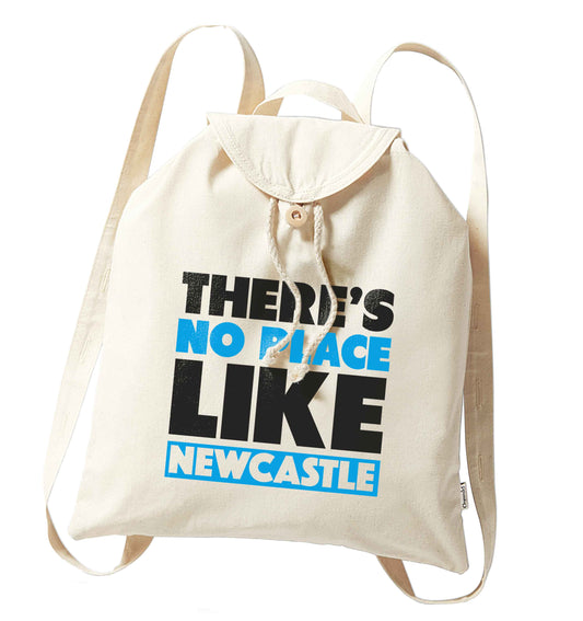 There's no place like Newcastle organic cotton backpack tote with wooden buttons in natural