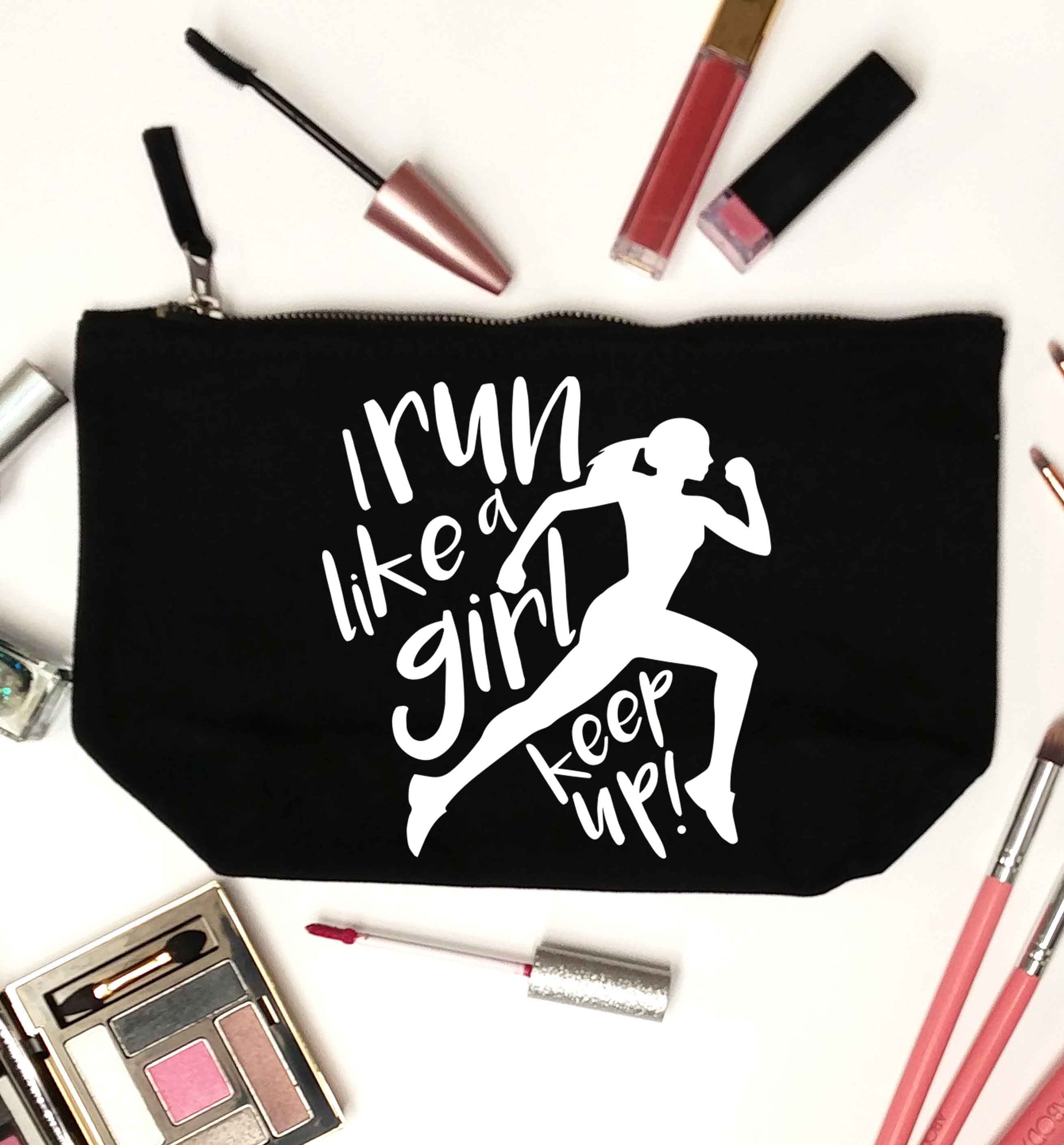I run like a girl, keep up! black makeup bag