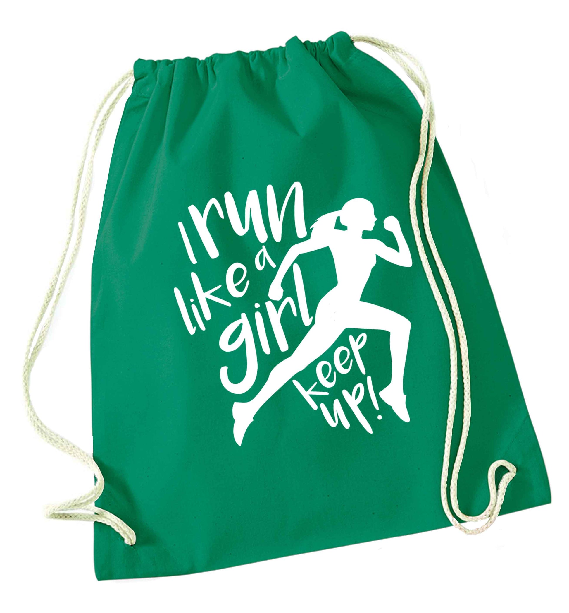 I run like a girl, keep up! green drawstring bag