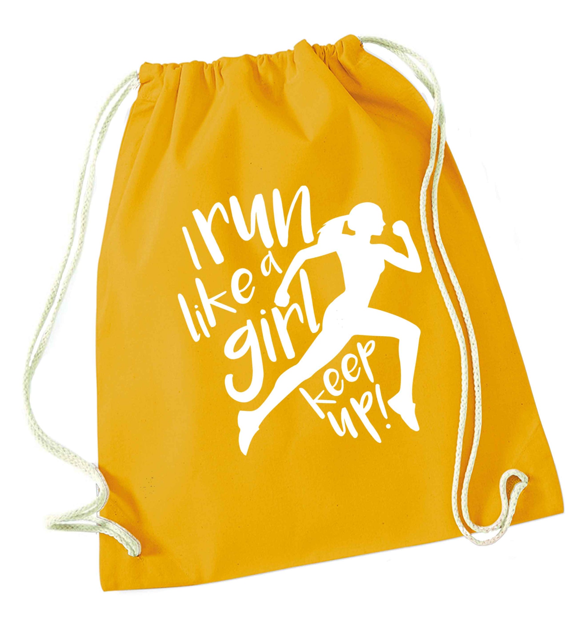 I run like a girl, keep up! mustard drawstring bag