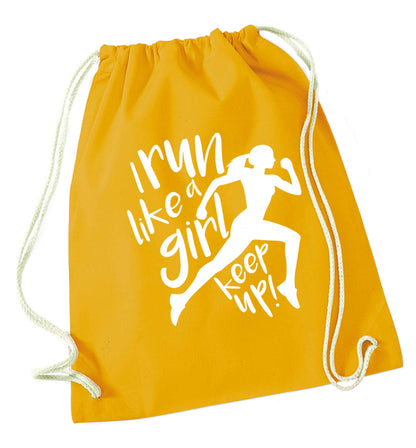 I run like a girl, keep up! mustard drawstring bag