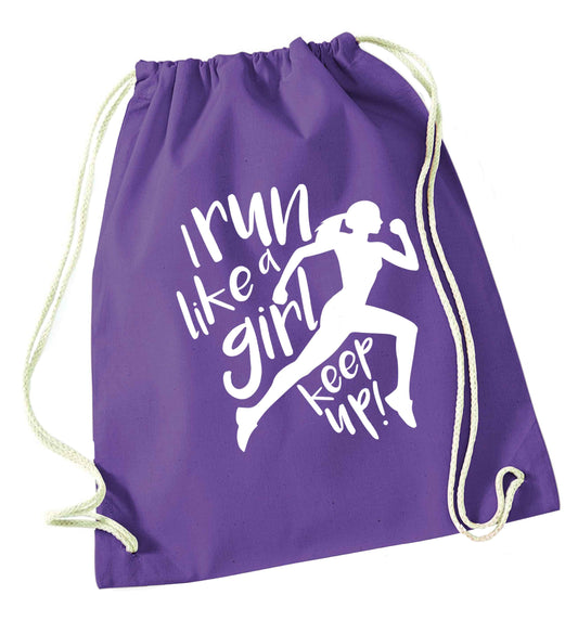 I run like a girl, keep up! purple drawstring bag
