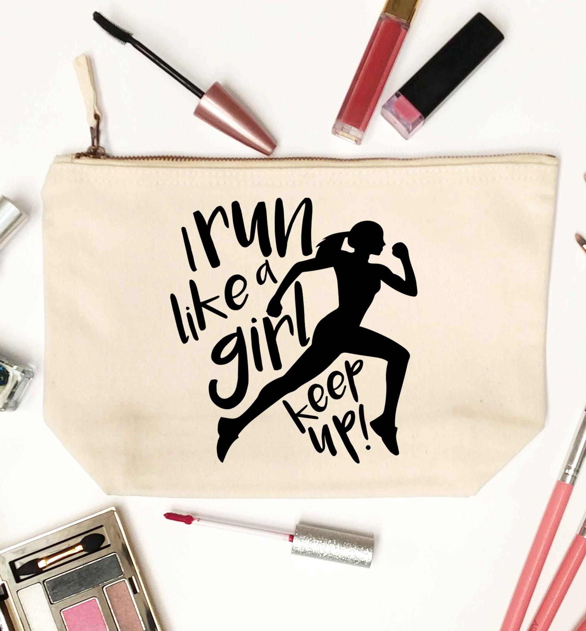 I run like a girl, keep up! natural makeup bag