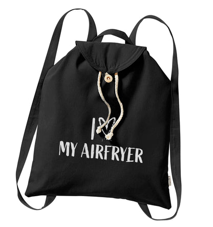 I love my airfryerorganic cotton backpack tote with wooden buttons in black