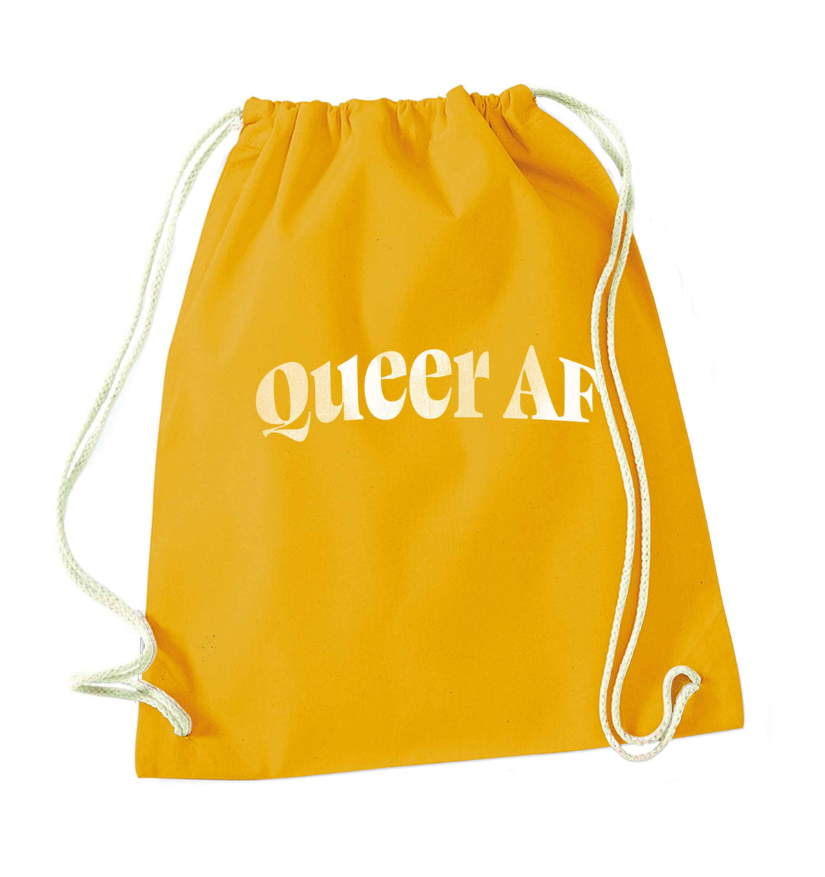 Queer AF mustard drawstring bag