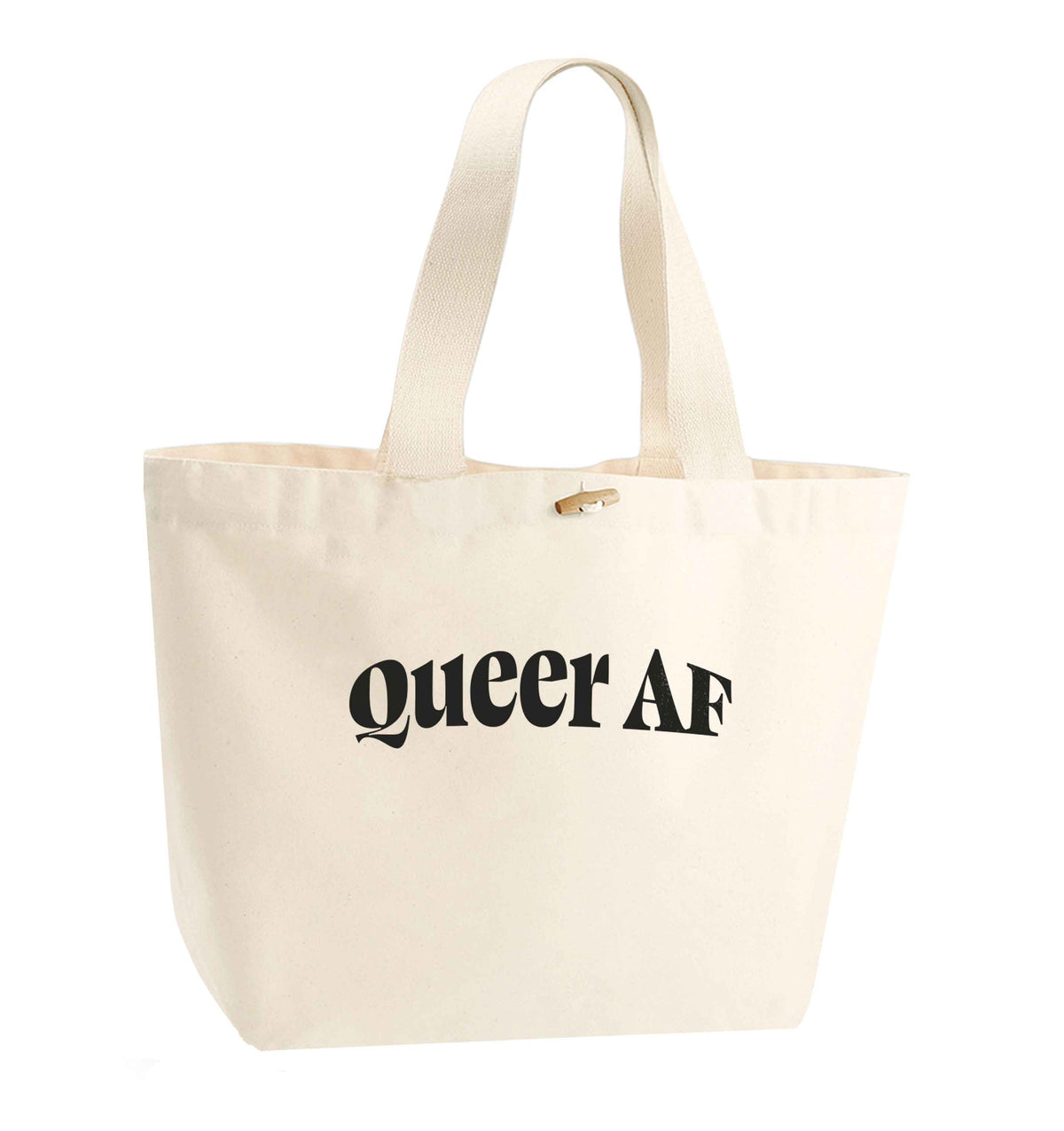 Queer AF organic cotton premium tote bag with wooden toggle in natural