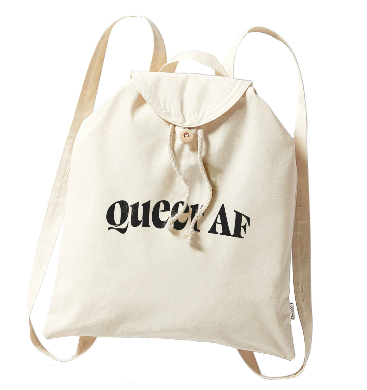Queer AF organic cotton backpack tote with wooden buttons in natural
