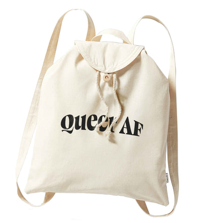 Queer AF organic cotton backpack tote with wooden buttons in natural
