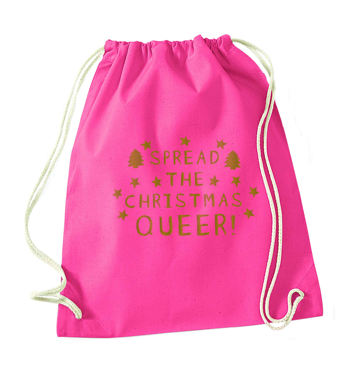Spread the Christmas queer pink drawstring bag