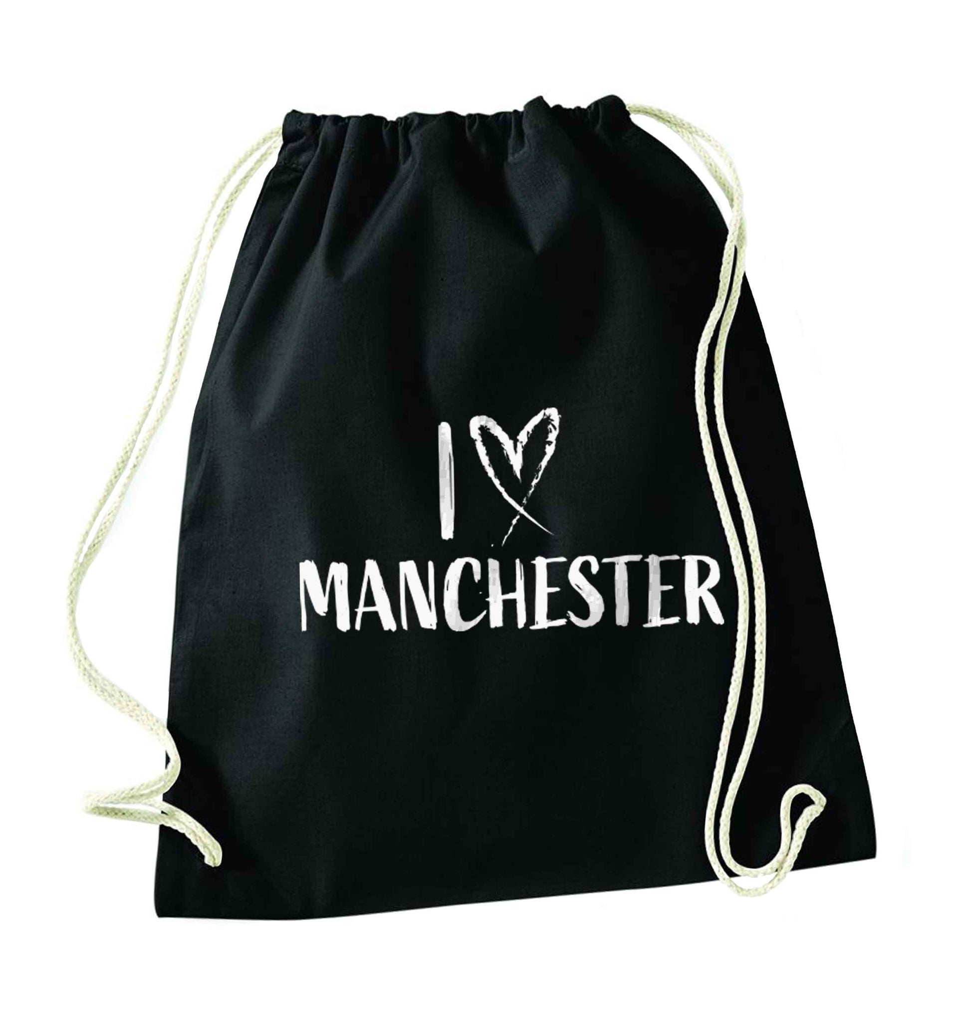 I love Manchester black drawstring bag