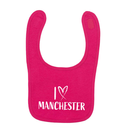 I love Manchester dark pink baby bib