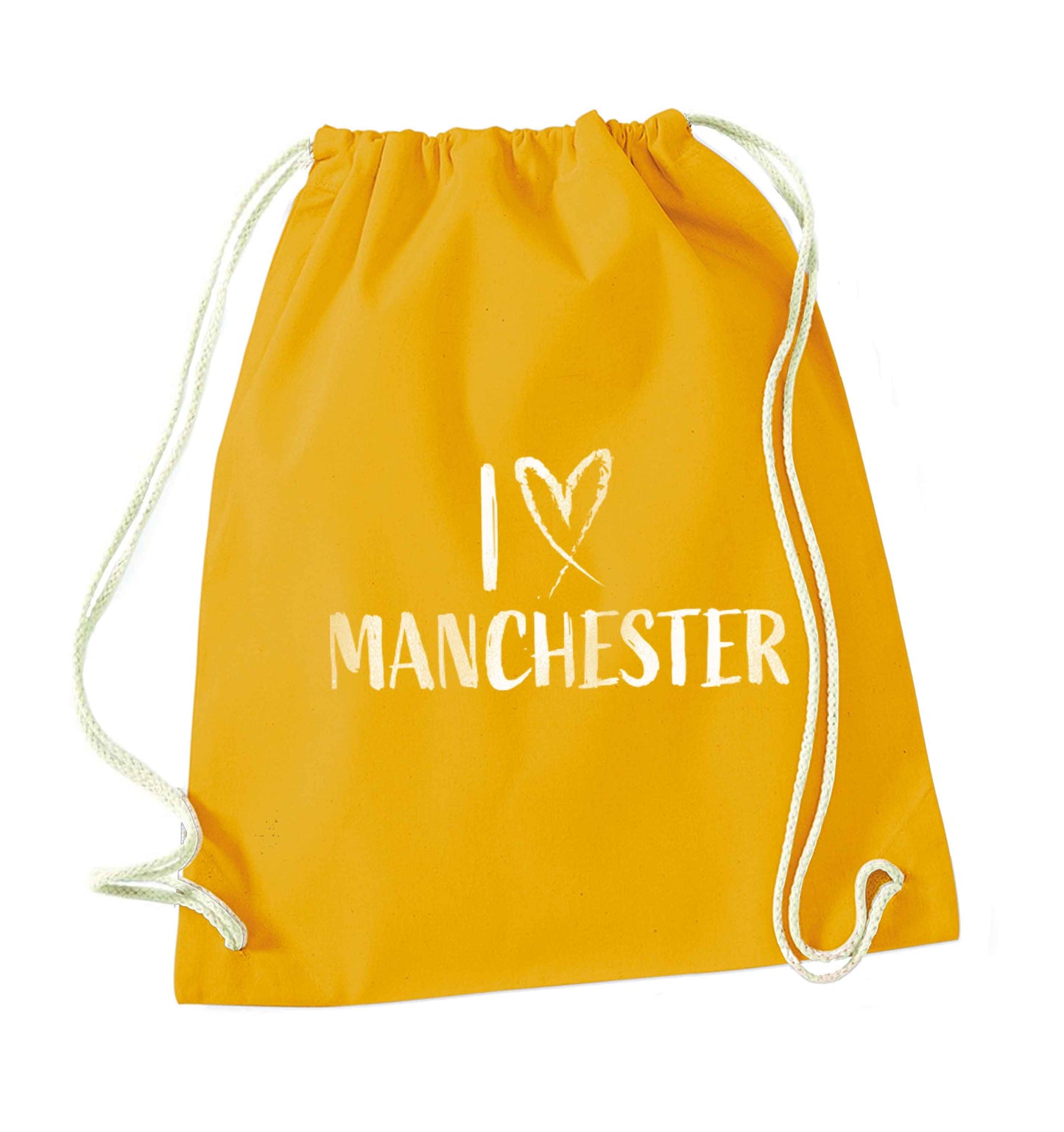 I love Manchester mustard drawstring bag