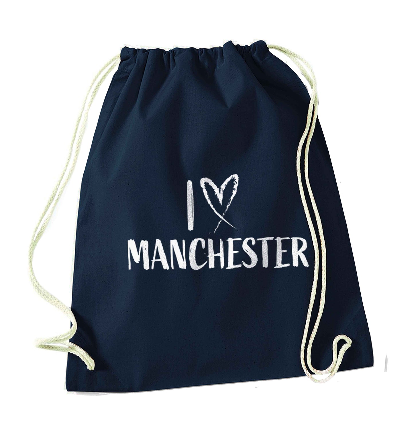 I love Manchester navy drawstring bag