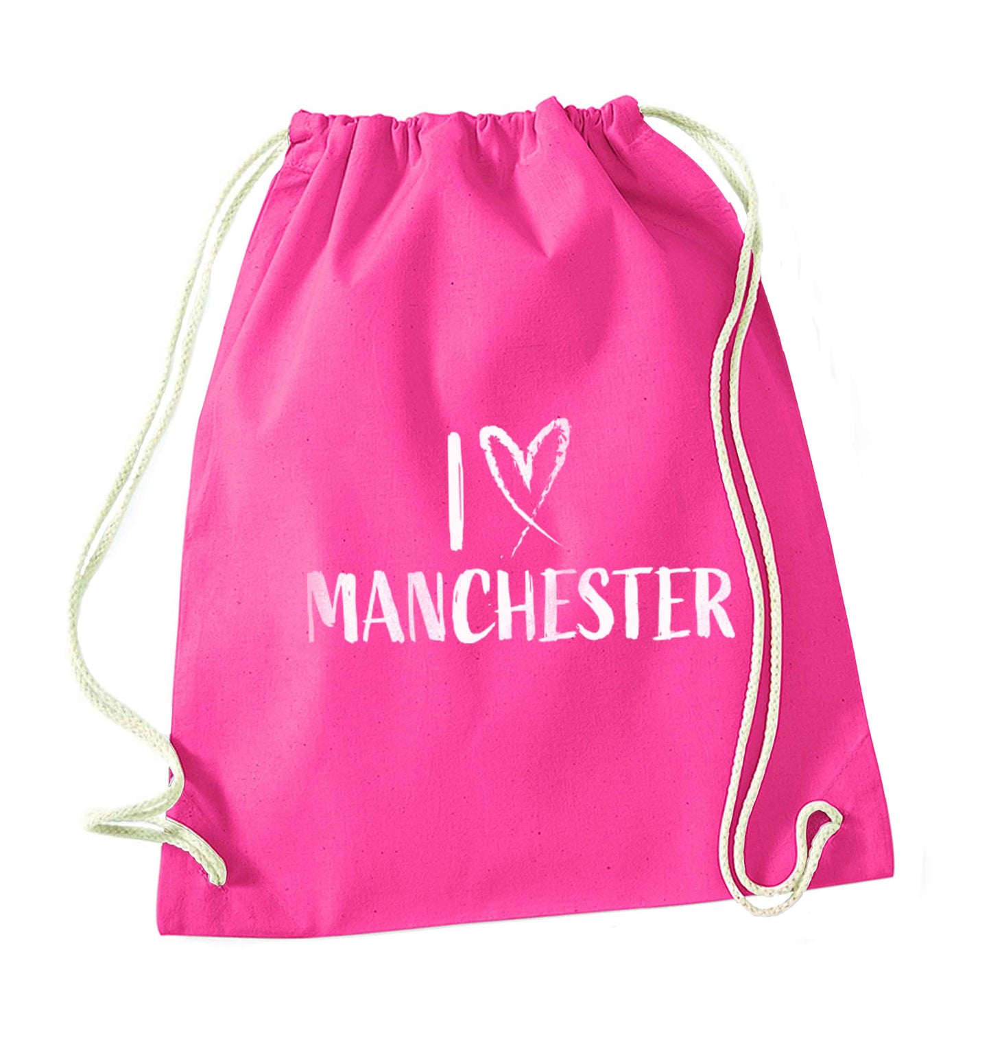 I love Manchester pink drawstring bag