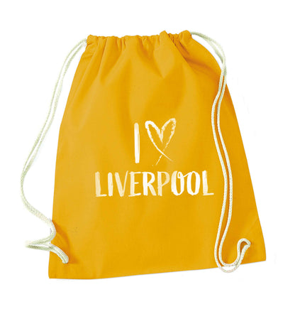 I love Liverpool mustard drawstring bag