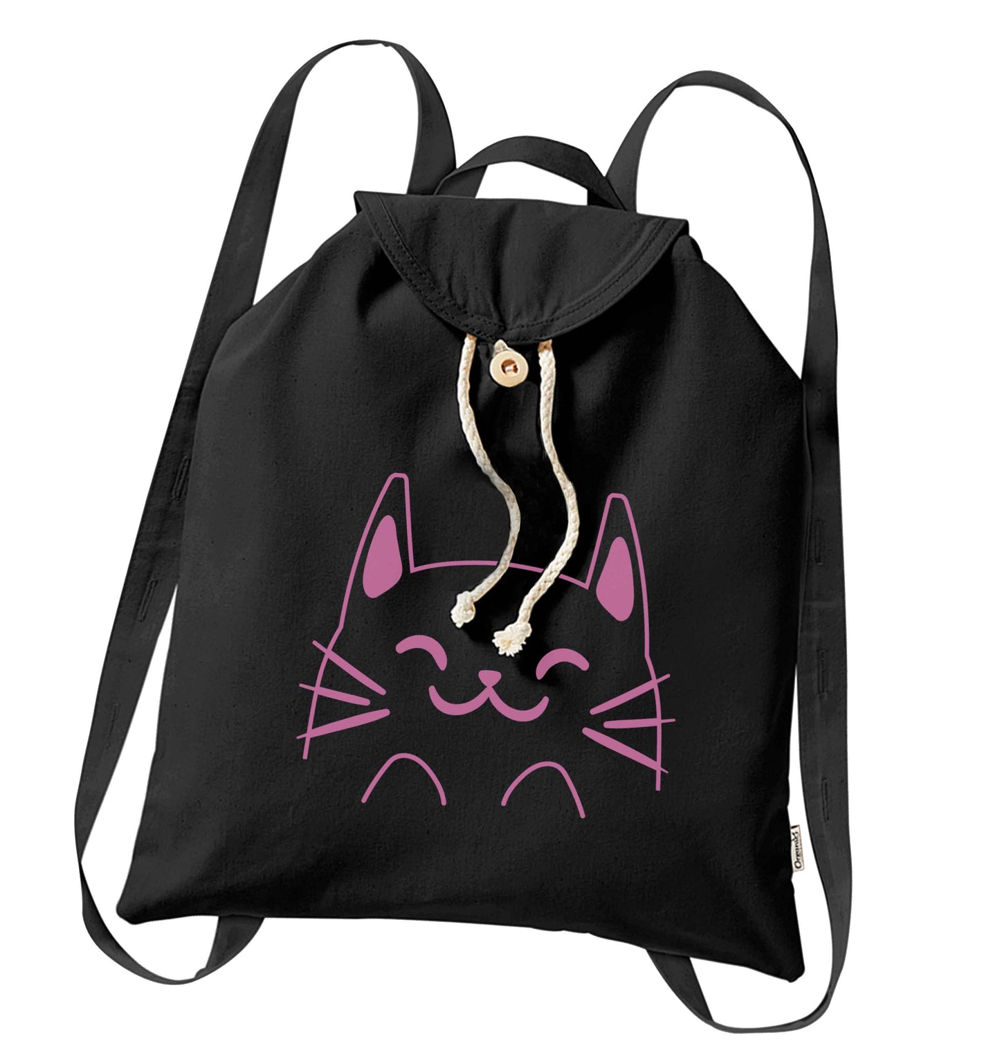 Cat illustration organic cotton backpack tote with wooden buttons in black