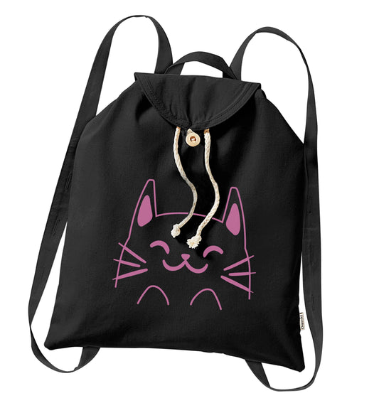 Cat illustration organic cotton backpack tote with wooden buttons in black